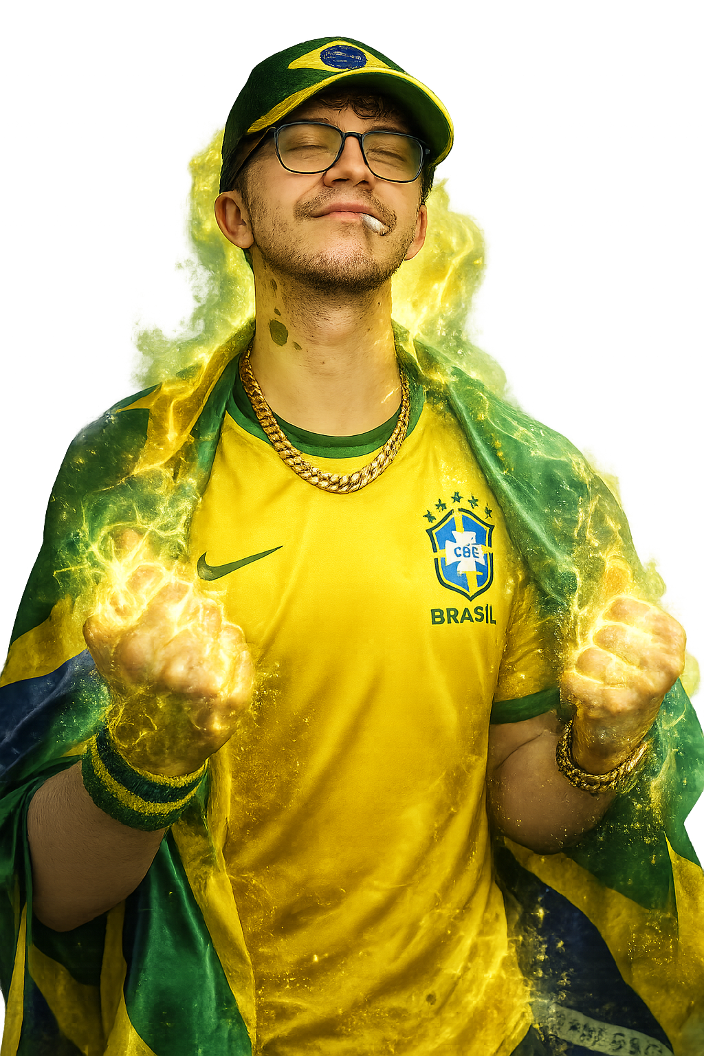 Kenilson em sua versão farmador de aura, com camisa e bandeira do Brasil